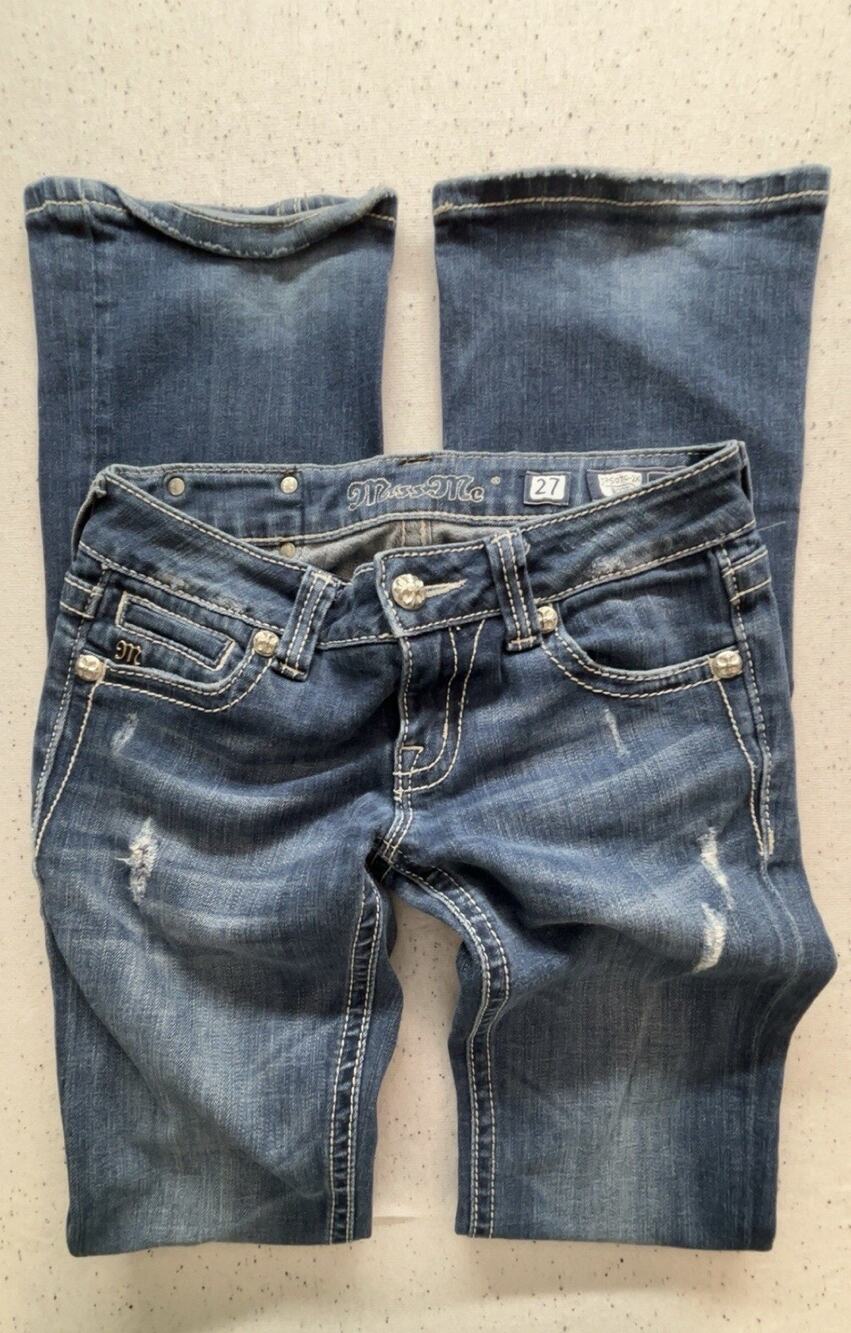 Miss Me JP5070-2X Bootcut Jeans Size 27 Embellished Cross Wing Thick Stitch Blue